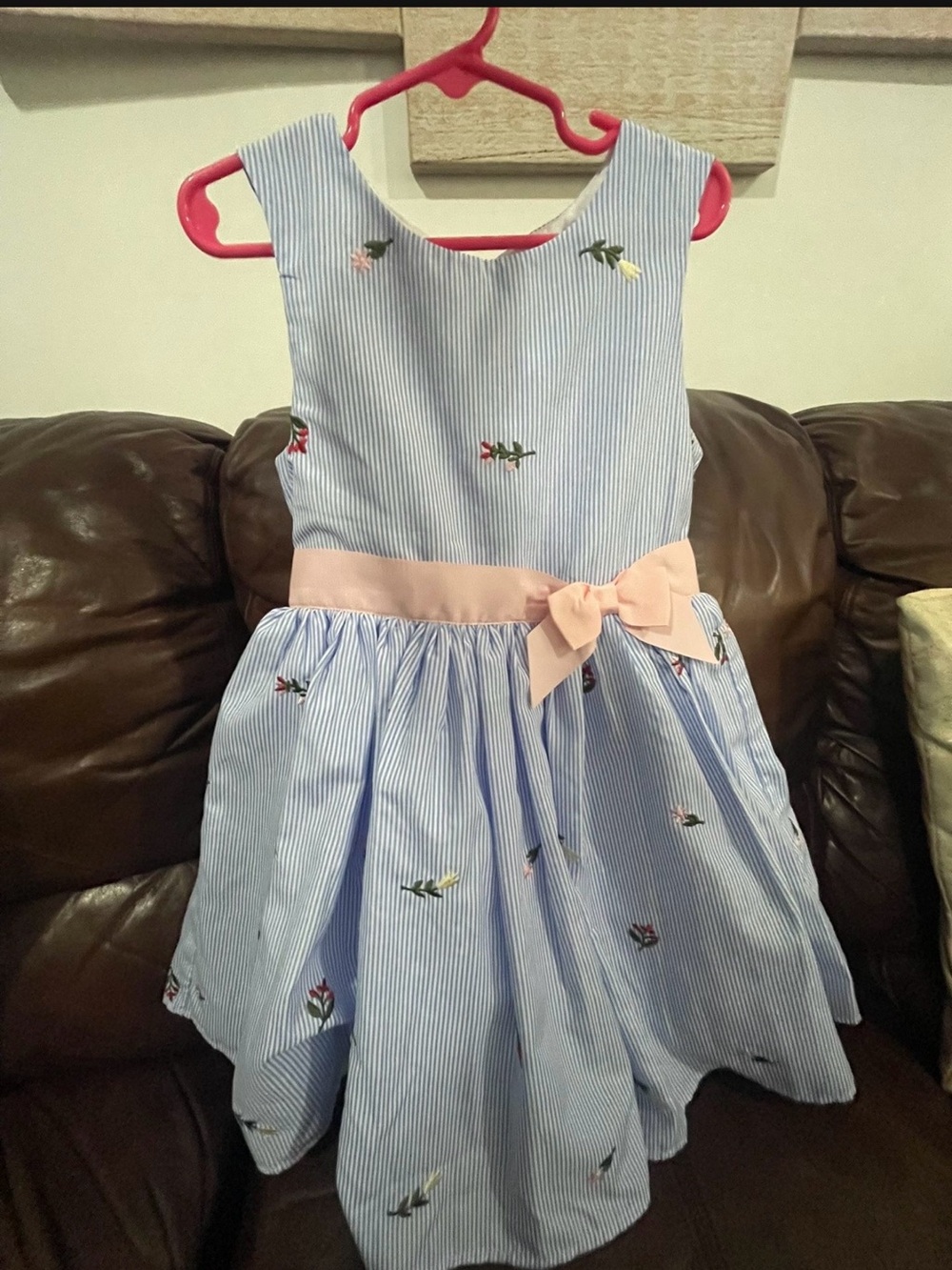 Zunie Blue Striped Embroidered Dress with Pink Waist Bow